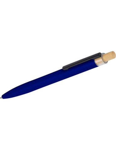 Stylo à bille poussoir laqué en aluminium recyclé Maren Matières : bambou Couleurs : bleu impression haute définition