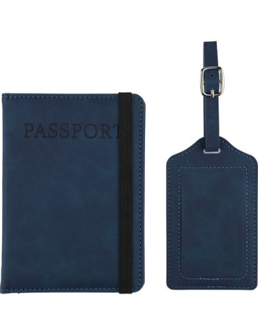 Porte-passeport et étiquette de bagage en PU recyclé Zani Couleurs : bleu Matières : PU recyclé personnalisable avec votre logo