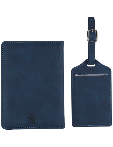 Porte-passeport et étiquette de bagage en PU recyclé Zani Couleurs : bleu Matières : PU recyclé impression haute définition