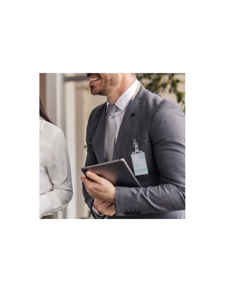 Badge Helock Matières : polystyrène (PS) Couleurs : transparent impression haute définition