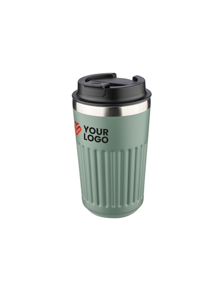 Mug double paroi en acier inoxydable recyclé de 400 ml Chiara Matières : silicone Couleurs : noir impression logo haute qualité