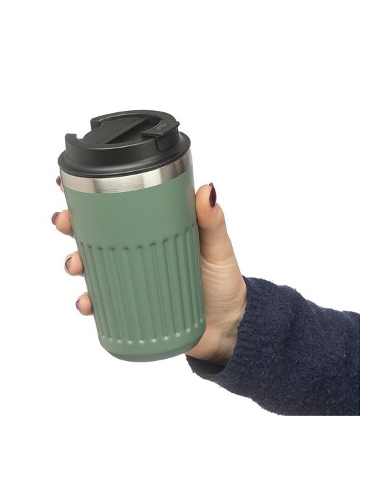 Mug double paroi en acier inoxydable recyclé de 400 ml Chiara Matières : silicone Couleurs : noir marquage couleur éclatante