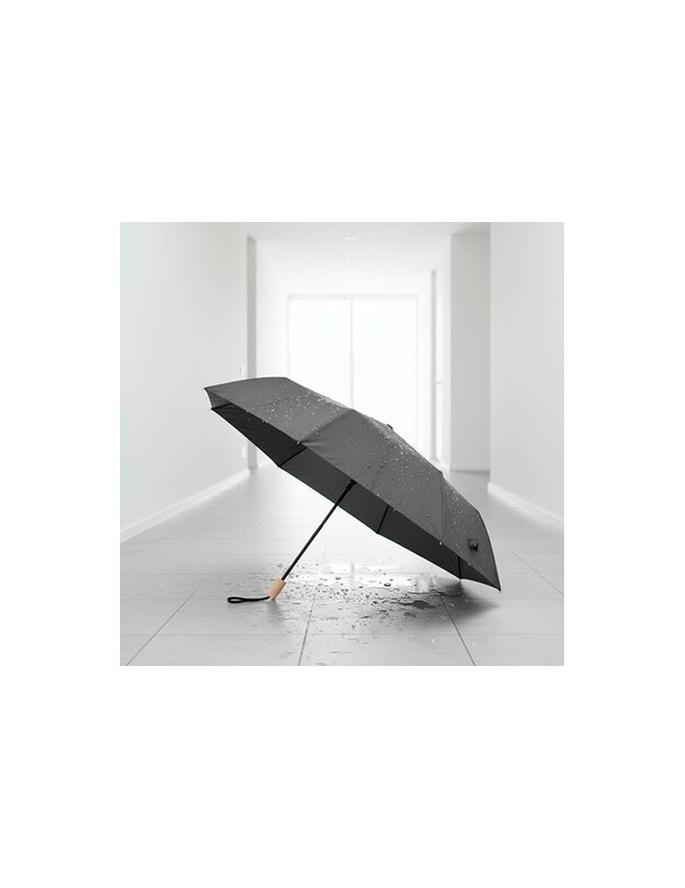 Parapluie coupe-vent en RPET, manuel, pliable | Uksan Matières : bois Couleurs : noir goodies publicitaire événementiel