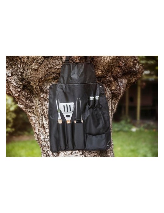 Tablier barbecue en polyester 600D Hugo Matières : bois Couleurs : noir goodies publicitaire événementiel