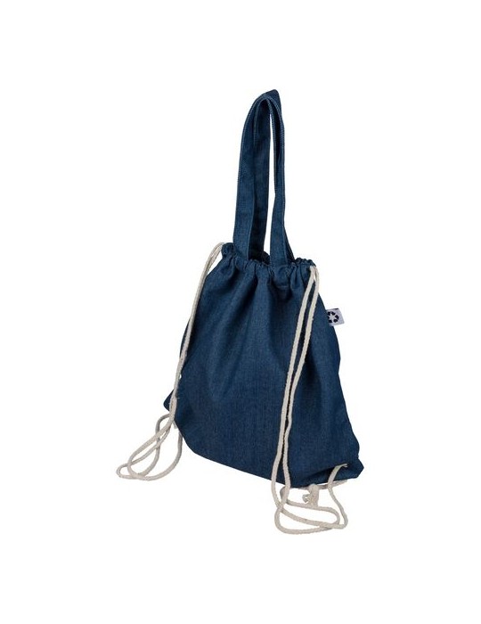 Sac à dos cordelette en denim recyclé Dex Couleurs : bleu Matières : denim recyclé personnalisable avec votre logo