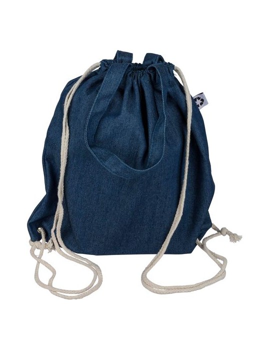 Sac à dos cordelette en denim recyclé Dex Couleurs : bleu Matières : denim recyclé objet promotionnel éco-responsable