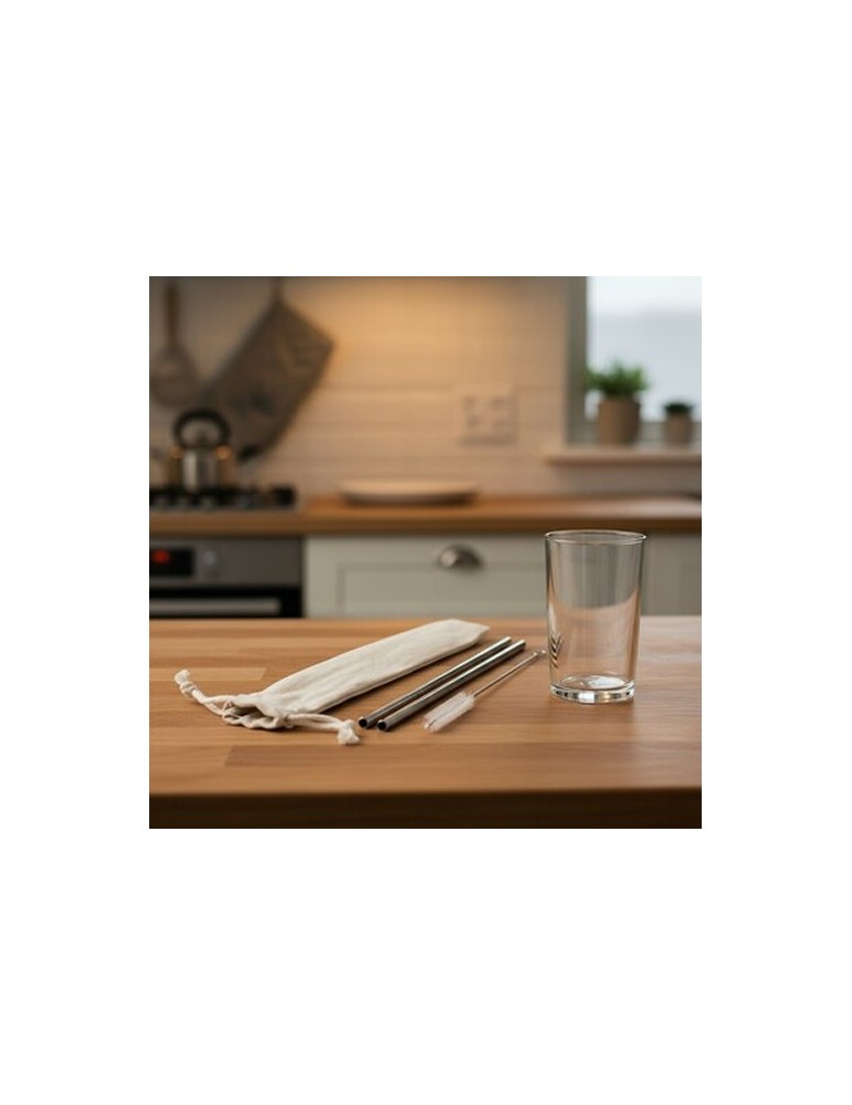 Ensemble de pailles réutilisables, 2 pièces avec brosse de nettoyage | Monim Matières : coton Couleurs : argenté personnalisable