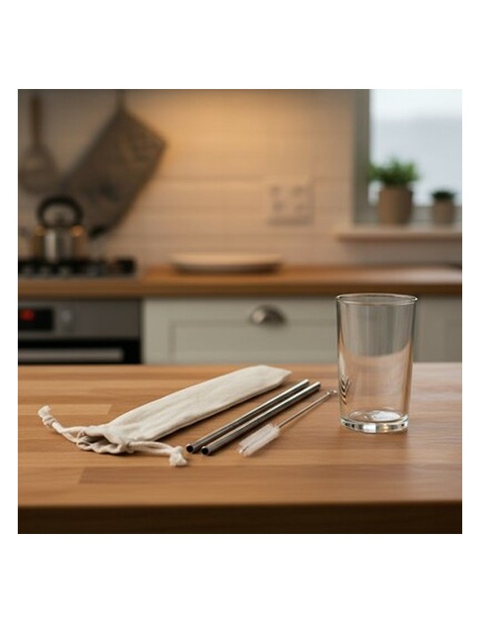 Ensemble de pailles réutilisables, 2 pièces avec brosse de nettoyage | Monim Matières : coton Couleurs : argenté personnalisable