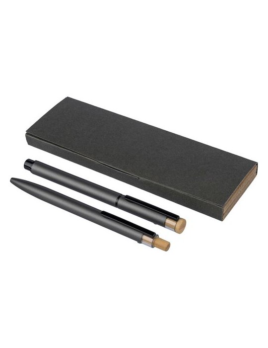 Parure de stylos en aluminium recyclé laqué Ilaria Matières : bambou Couleurs : bleu personnalisation rapide en France