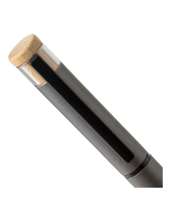 Parure de stylos en aluminium recyclé laqué Ilaria Matières : bambou Couleurs : bleu goodies personnalisé en stock