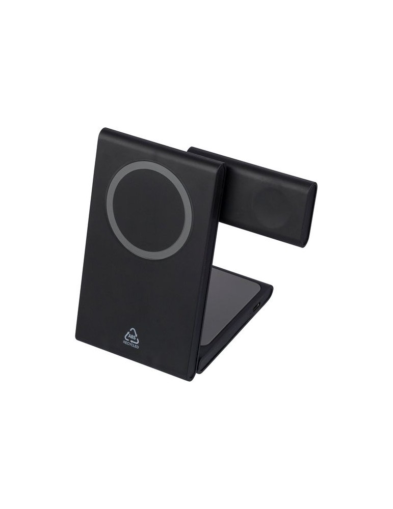 Power bank magnétique sans fil 3 en 1 en ABS recyclé Valerio Matières : ABS recyclé Couleurs : noir personnalisable avec votre l