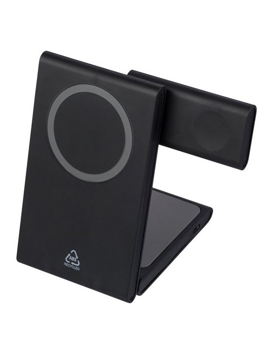 Power bank magnétique sans fil 3 en 1 en ABS recyclé Valerio Matières : ABS recyclé Couleurs : noir personnalisable avec votre l