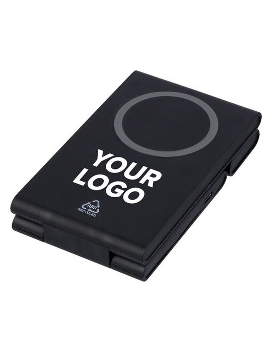 Power bank magnétique sans fil 3 en 1 en ABS recyclé Valerio Matières : ABS recyclé Couleurs : noir cadeau entreprise pas cher