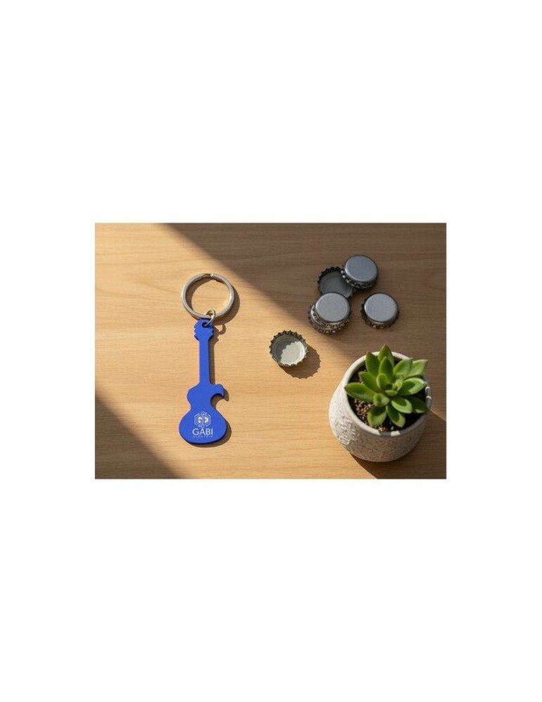 Porte-clés décapsuleur en forme de « guitare électrique » | Meles Matières : aluminium Couleurs : bleu marine cadeau entreprise 