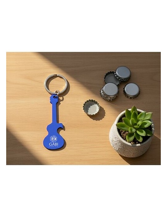 Porte-clés décapsuleur en forme de « guitare électrique » | Meles Matières : aluminium Couleurs : bleu marine cadeau entreprise 