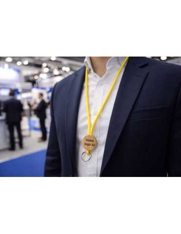 Lanière en cordon polyester avec une plaque ronde en bambou imprimée ou gravée