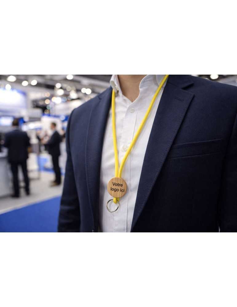 Lanière en cordon polyester avec une plaque ronde en bambou imprimée ou gravée