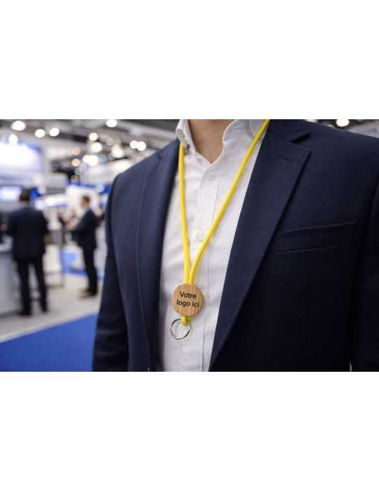 Lanière en cordon polyester avec une plaque ronde en bambou imprimée ou gravée