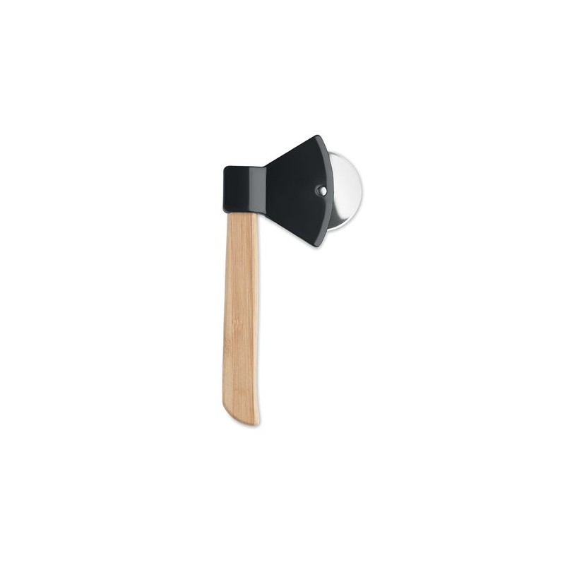 Coupe-pizza personnalisée en bambou avec manche - Ustensile de cuisine ZAZA Matières : bambou Couleurs : noir personnalisable av
