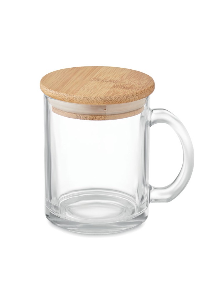 Mug en Verre Recyclé avec Couvercle en Bambou Personnalisé pas cher