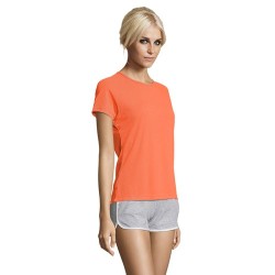 T-shirt Femme Personnalisé Sportif 140g - Sporty Women Matières : PET Taille textile : XL Couleurs : orange fluo marquage laser 