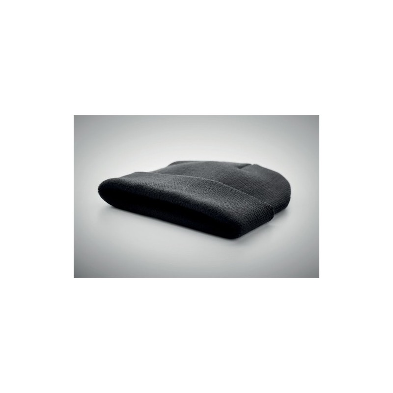 Bonnet  en RPET avec revers - RPET Matières : PET recyclé Couleurs : noir marquage laser ultra précis