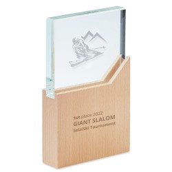 Plaque Trophée en Cristal Personnalisée Élégante ZEAL Matières : verre Couleurs : bois goodies publicitaire événementiel