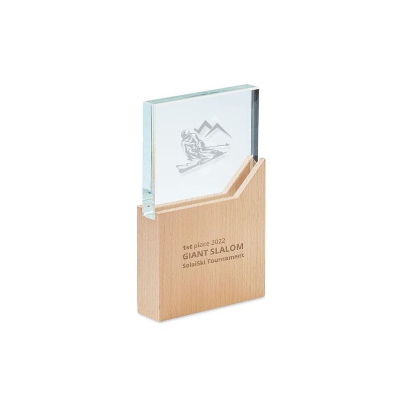 Plaque Trophée en Cristal Personnalisée Élégante ZEAL Matières : verre Couleurs : bois goodies publicitaire événementiel