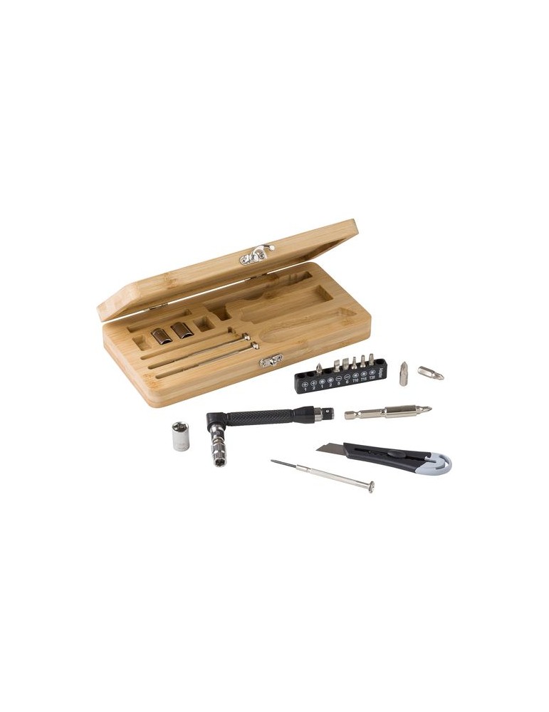 Boîte à Outils en Bambou Personnalisée - 27 Pièces, Idée Cadeau