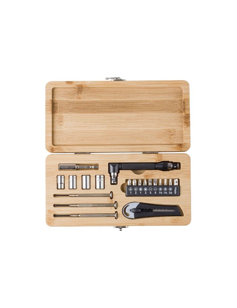 Boîte à Outils en Bambou Personnalisée - 27 Pièces, Idée Cadeau