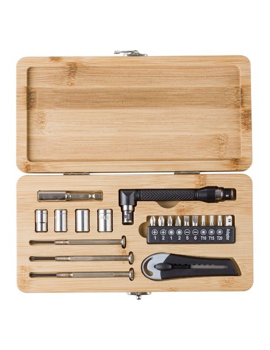 Boîte à Outils en Bambou Personnalisée - 27 Pièces, Idée Cadeau