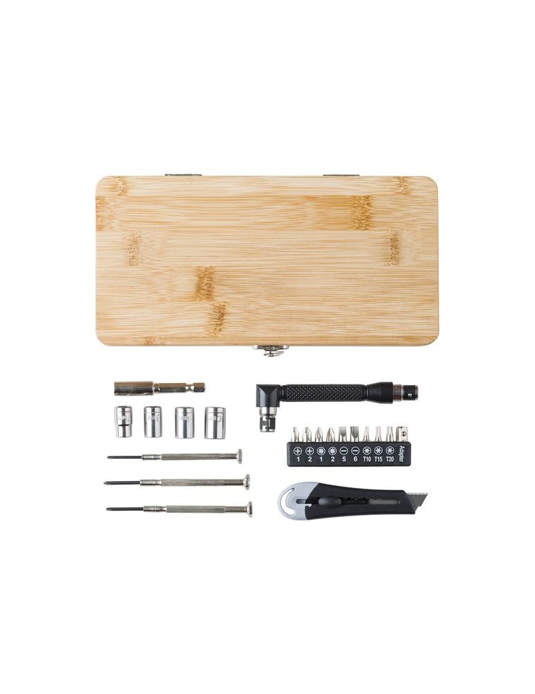 Boîte à Outils en Bambou Personnalisée - 27 Pièces, Idée Cadeau