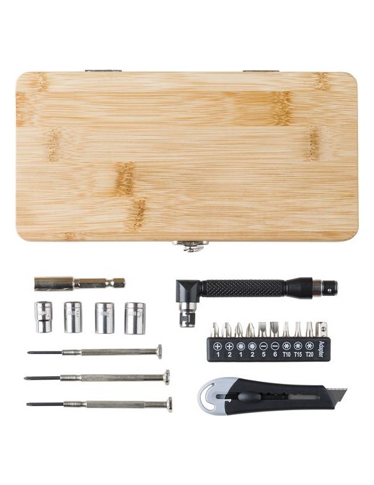 Boîte à Outils en Bambou Personnalisée - 27 Pièces, Idée Cadeau