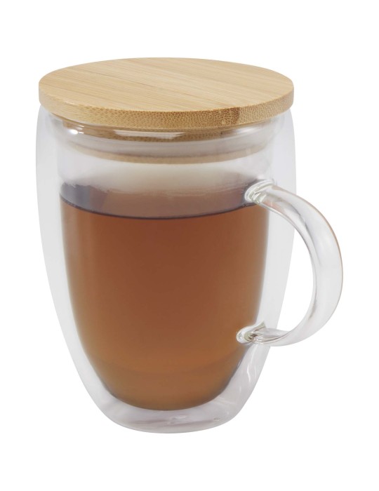 Tasse en verre Leona de 350 ml avec couvercle en bambou
