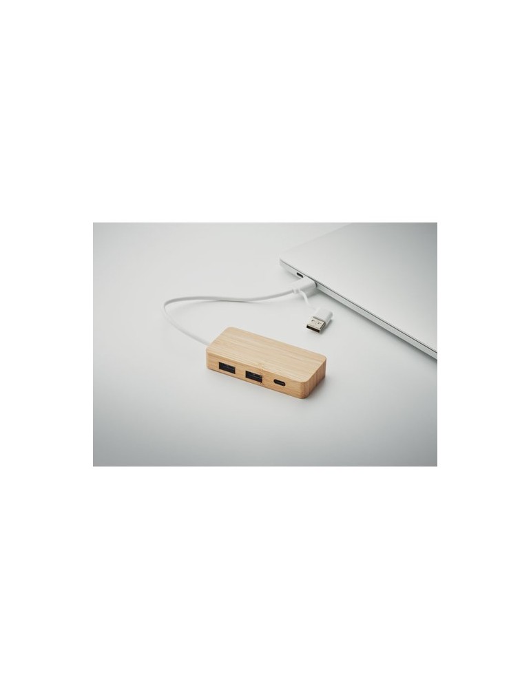Hub USB 3 Ports en Bambou Personnalisé - Accessoire pas cher