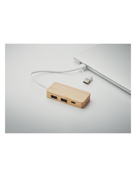 Hub USB 3 Ports en Bambou Personnalisé - Accessoire pas cher