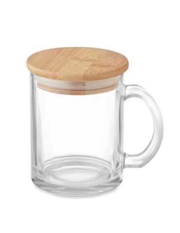 Mug en Verre Recyclé avec Couvercle en Bambou Personnalisé pas cher