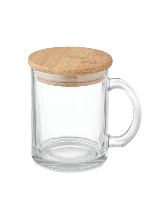 Mug en Verre Recyclé avec Couvercle en Bambou Personnalisé pas cher