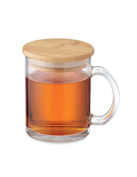 Mug en Verre Recyclé avec Couvercle en Bambou Personnalisé pas cher