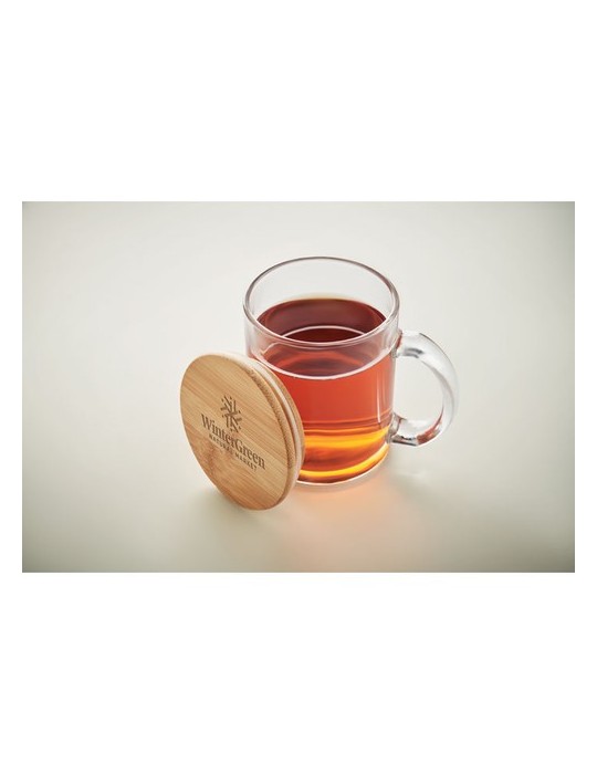 Mug en Verre Recyclé avec Couvercle en Bambou Personnalisé pas cher