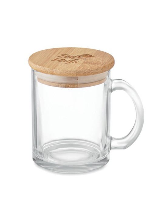 Mug en Verre Recyclé avec Couvercle en Bambou Personnalisé pas cher