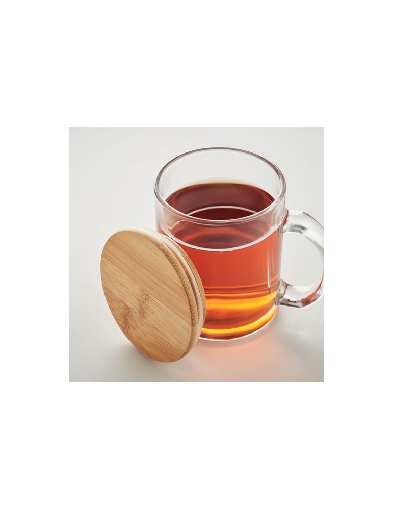 Mug en Verre Recyclé avec Couvercle en Bambou Personnalisé pas cher