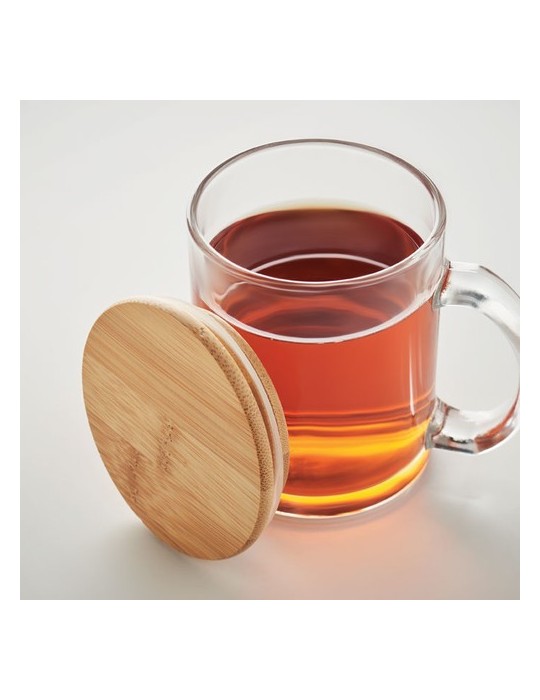 Mug en Verre Recyclé avec Couvercle en Bambou Personnalisé pas cher