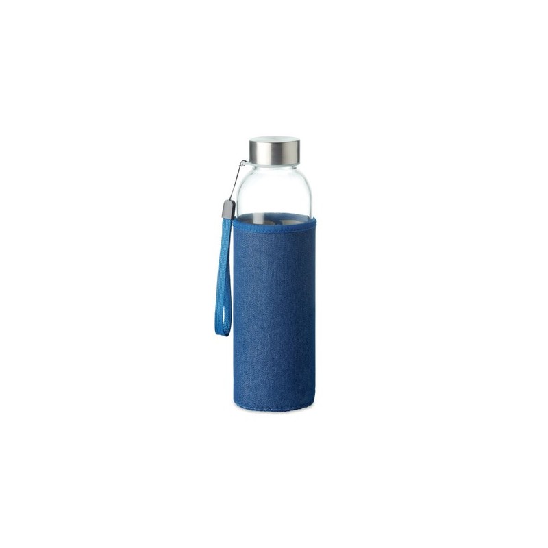 Bouteille et housse en denim personnalisées pour panier pique-nique 4 personnes, MIMBRE PLUS Matières : verre Couleurs : bleu