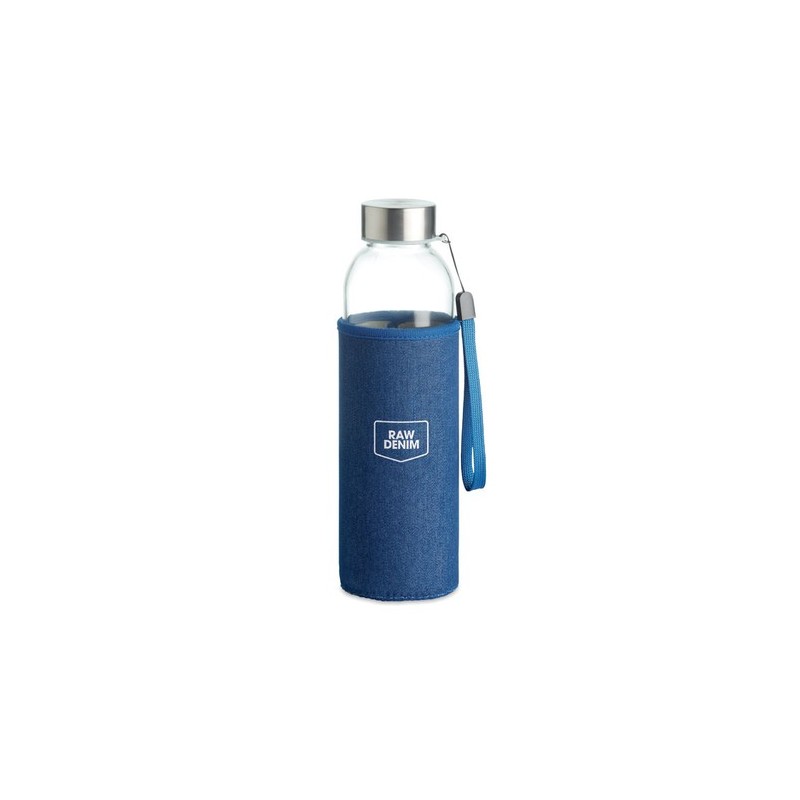Bouteille et housse en denim personnalisées pour panier pique-nique 4 personnes, MIMBRE PLUS Matières : verre Couleurs : bleu ca