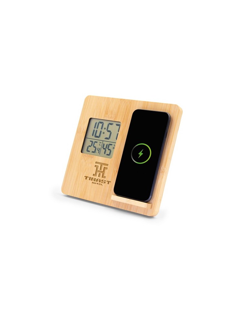 Chargeur sans fil en bambou 10W, station météo | Kahele