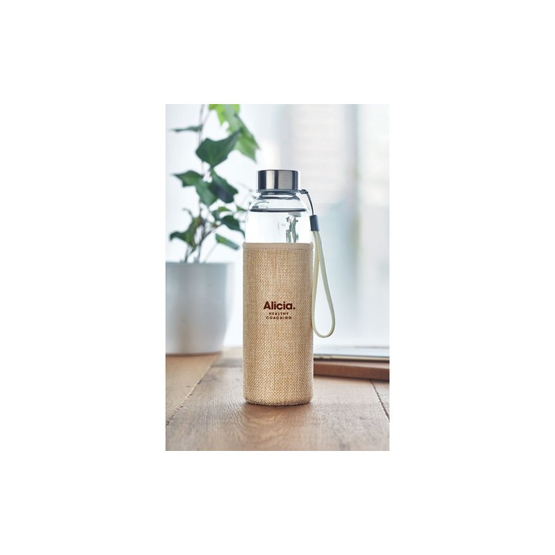 Bouteille  de 500 ml avec housse en jute - UTAH TOUCH Matières : verre Couleurs : beige goodies publicitaire événementiel