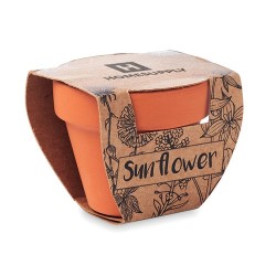 Pot  et personnalisé de graines de tournesol - SUNFLOWER Couleurs : bois Matières : terre cuite goodies publicitaire événementie