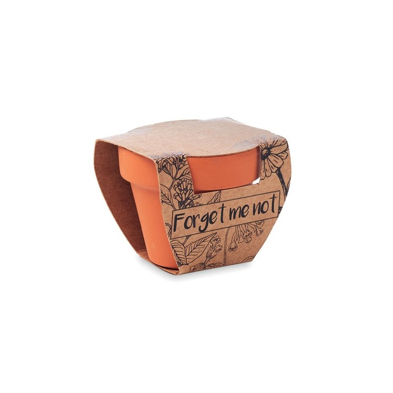 Pot  et personnalisé de graines de myosotis - FORGET ME NOT Couleurs : bois Matières : terre cuite cadeau entreprise pas cher