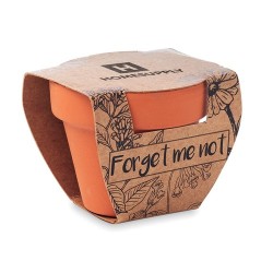 Pot  et personnalisé de graines de myosotis - FORGET ME NOT Couleurs : bois Matières : terre cuite goodies publicitaire événemen